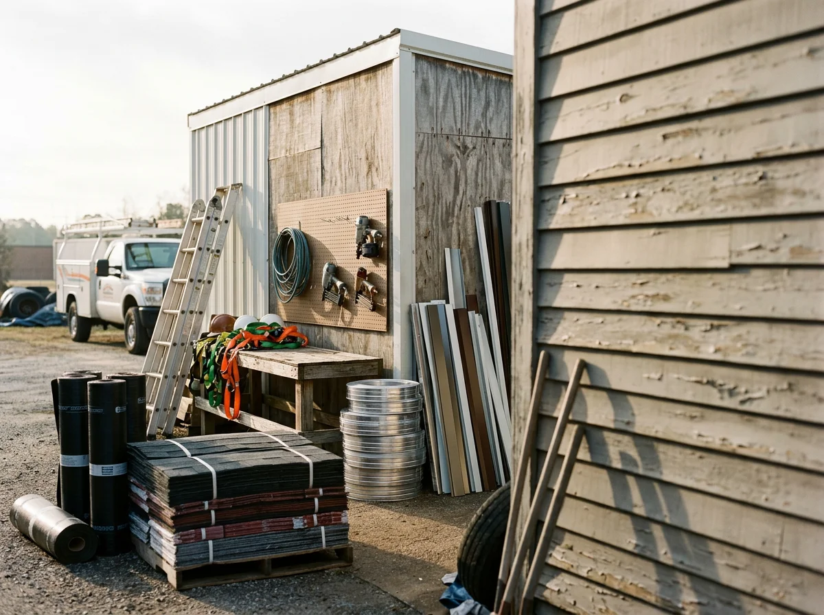 Professional roofing crew with tools and equipment ready for residential projects.