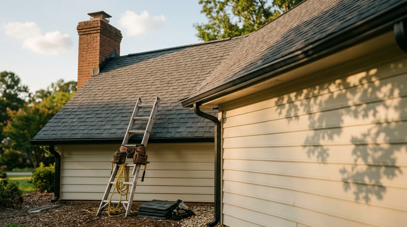 Professional roofer installing shingles on a residential home in Fayetteville
