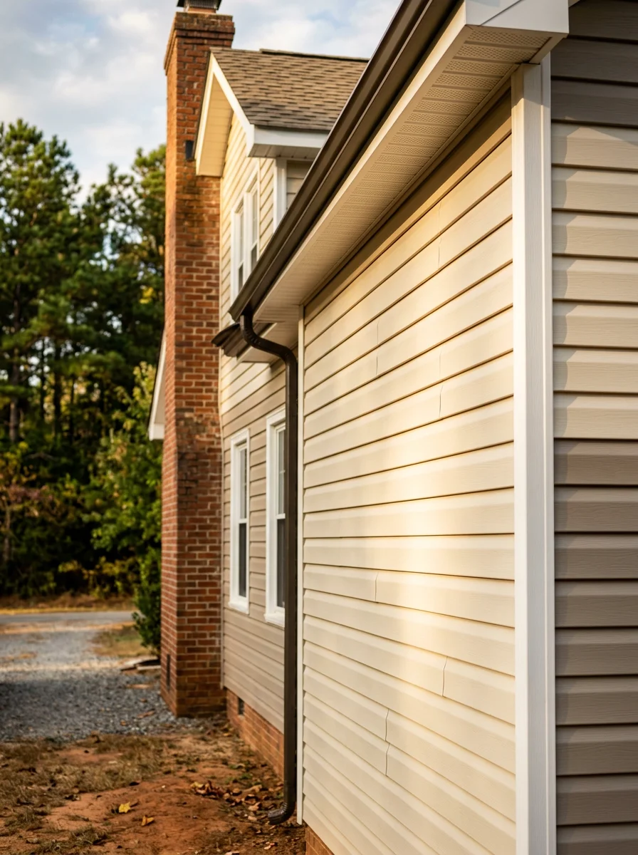 Fresh vinyl siding panels installed on a rural Eastover, NC home, showing clean horizontal lap siding on a sun-exposed exterior wall with no shade coverage.