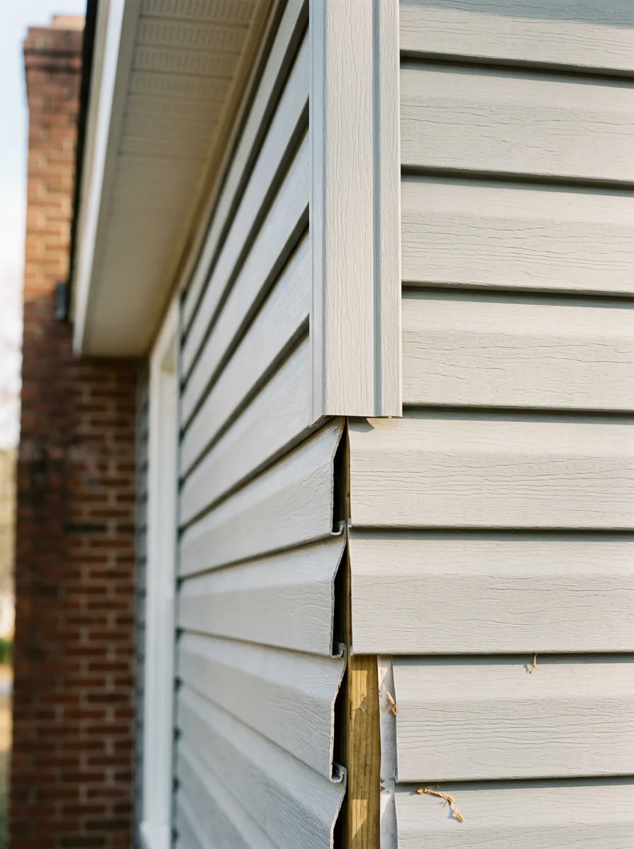 Close-up of new vinyl siding panels being installed on the exterior of a Fayetteville, NC home, showing clean lap joints and trim detail.