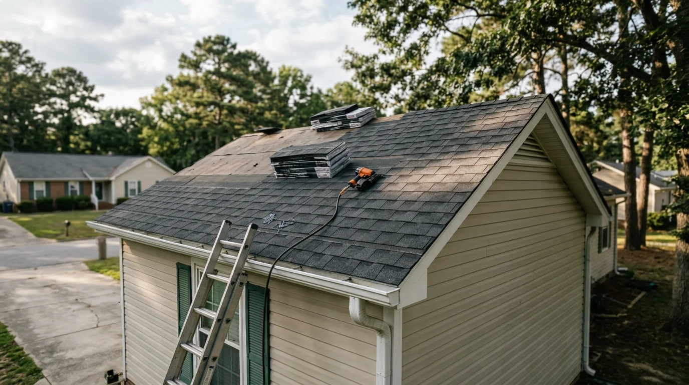 A roofing crew installing asphalt shingles on a single-story residential home in a Fayetteville, NC neighborhood, with mature trees visible in the background.