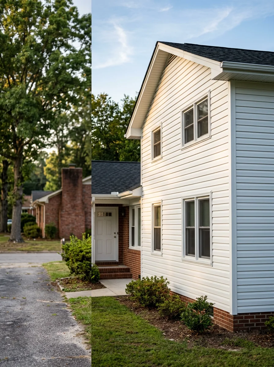 New vinyl siding installation on a 1980s-era Hope Mills, NC home, showing fresh lap siding panels with white corner trim and updated window surrounds.