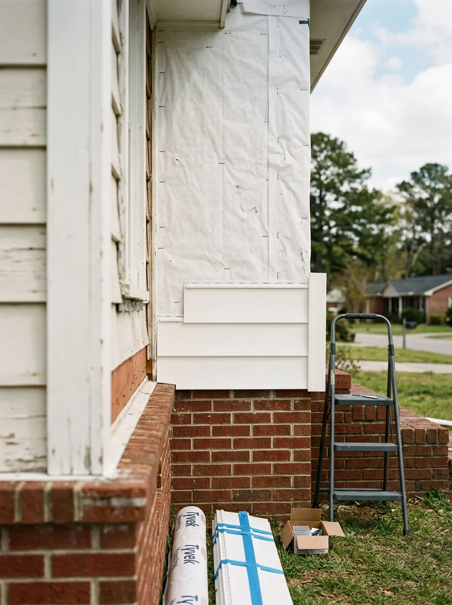Vinyl siding installation in progress on a 1960s-era Spring Lake, NC home, showing new panels being fitted over fresh housewrap on the exterior wall.