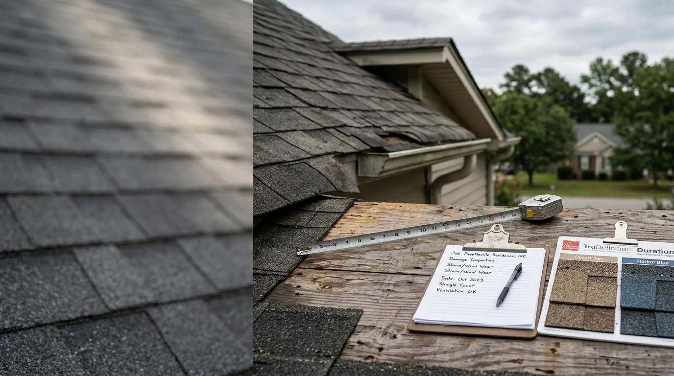 A Fayetteville Roofing and Construction LLC team member reviewing a residential roof structure during an on-site construction consultation in Fayetteville, NC. The image shows a contractor examining roof framing and discussing project details with a homeowner.
