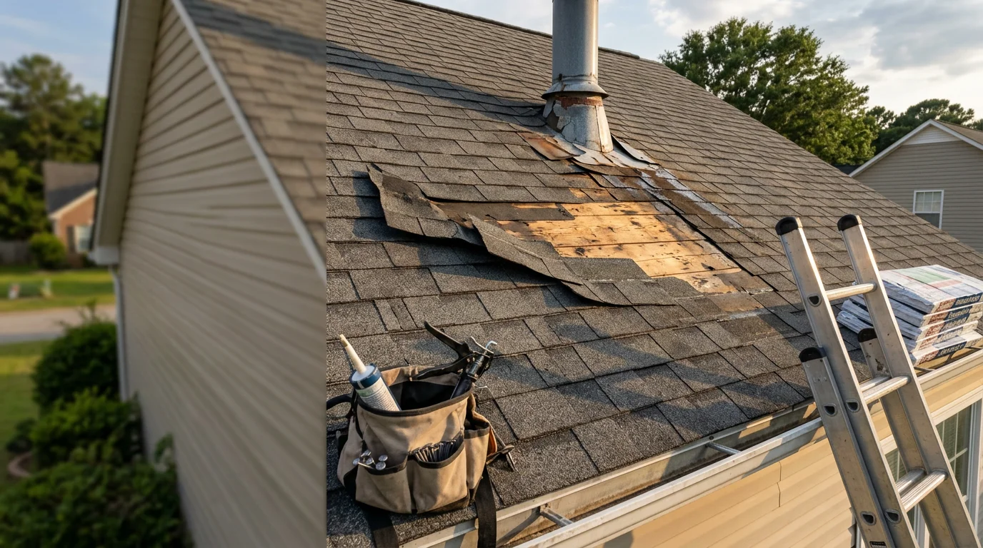 A Fayetteville roofing crew repairing storm-damaged shingles on a residential roof after a severe weather event. Close-up view shows torn roofing material being replaced on a home in Fayetteville, NC.