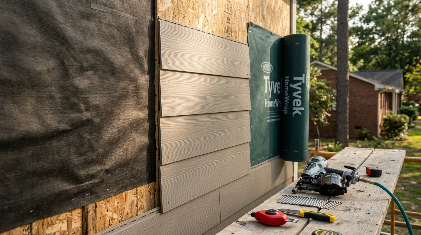 Freshly installed exterior cladding covering the full front wall of a residential home in Fayetteville, North Carolina. Panels are flush-fitted around windows and trim with a clean, even finish.