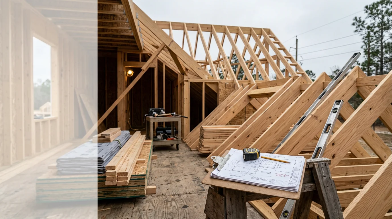A residential construction site in Fayetteville with a crew actively working under the oversight of a site manager reviewing plans. The image shows organized material staging and active coordination across multiple work areas.