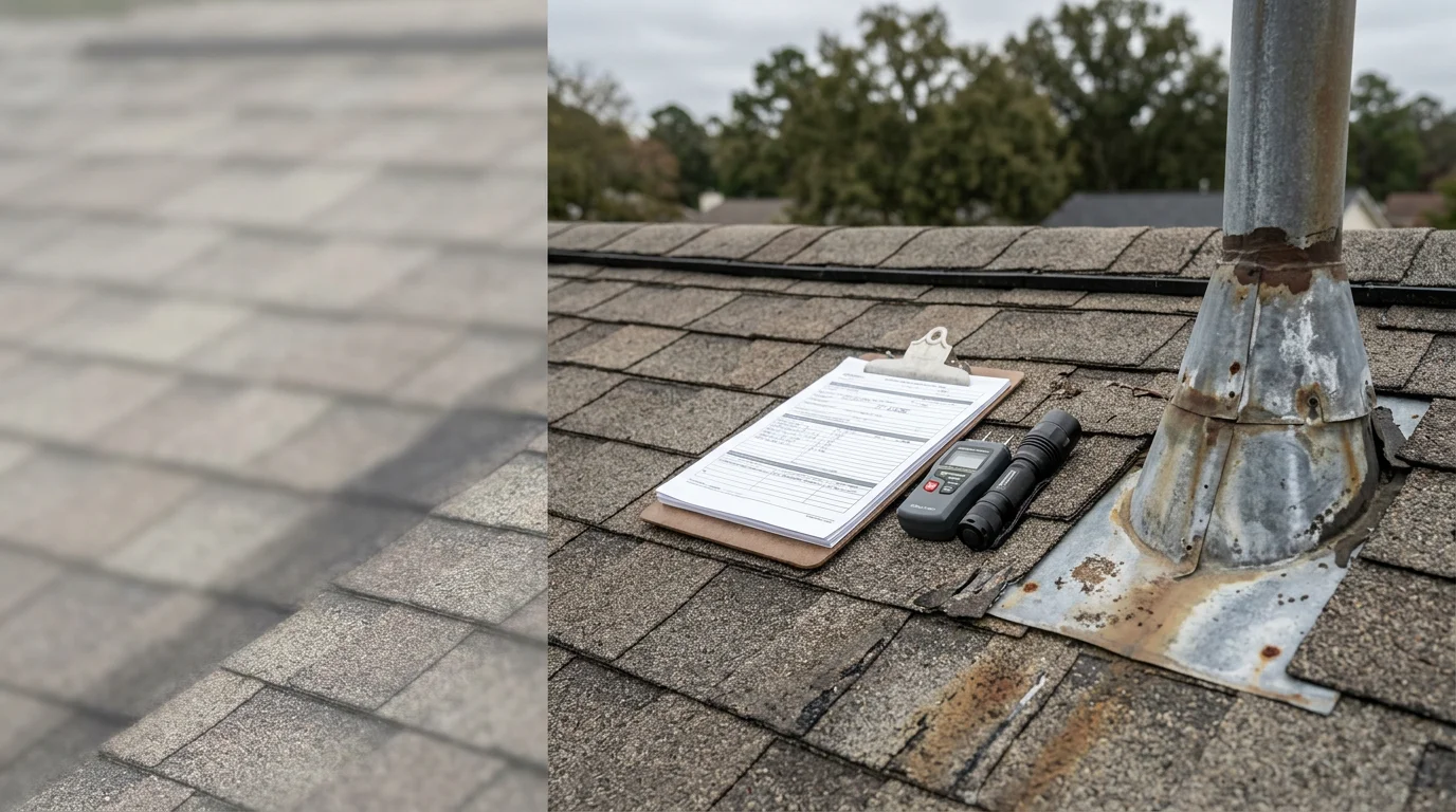 A roofing crew from Fayetteville Roofing and Construction LLC conducting a close-up roof inspection on a residential home in Fayetteville, NC, examining shingles and flashing in detail.