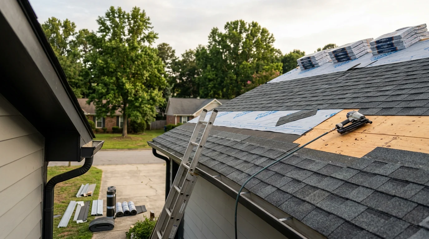A completed new roof installation on a residential home in Fayetteville, NC, showing clean ridge lines and full shingle coverage across the entire roof deck. The home sits in a typical Fayetteville neighborhood with mature trees visible in the background.