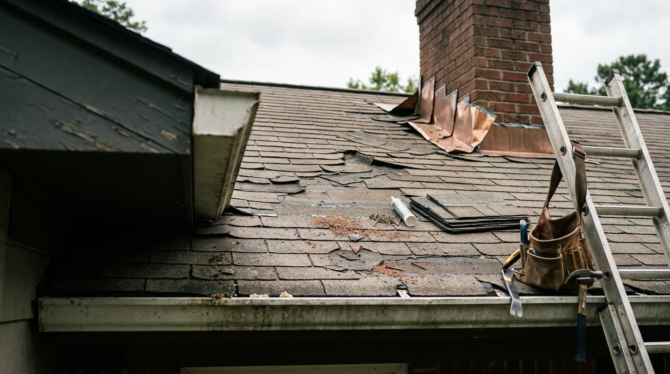 A repaired residential roof in Fayetteville, NC showing replaced shingles and resealed flashing along a gable edge. Storm damage has been corrected, with clean, uniform roofing material visible across the repair area.