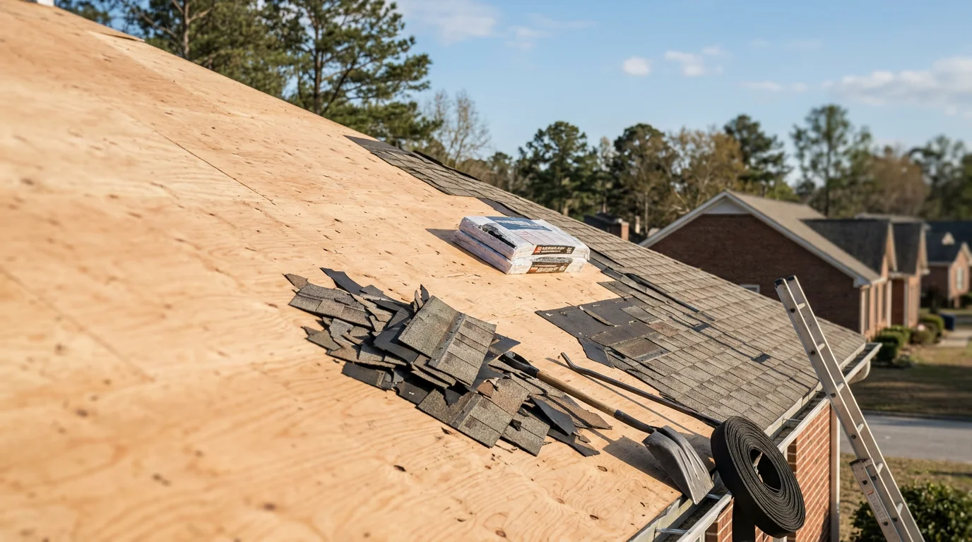 A completed roof replacement on a residential home in Fayetteville, North Carolina, showing a full new roof installed over a ranch-style house. The image captures the finished roofline against a clear sky, with clean ridge lines and uniform coverage across the entire surface.