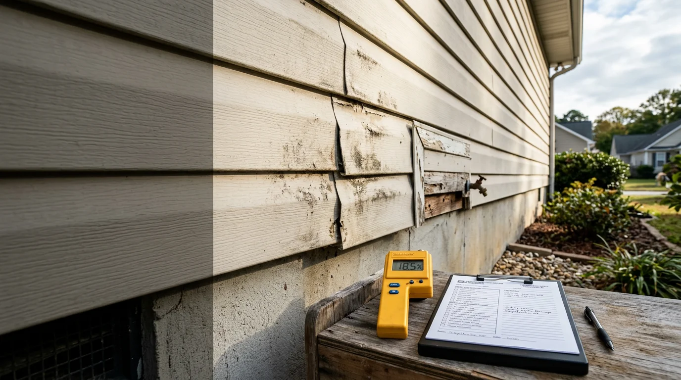 A siding contractor inspecting the exterior panels and trim of a residential home in Fayetteville, NC, checking for cracks, moisture damage, and loose fasteners along the roofline.