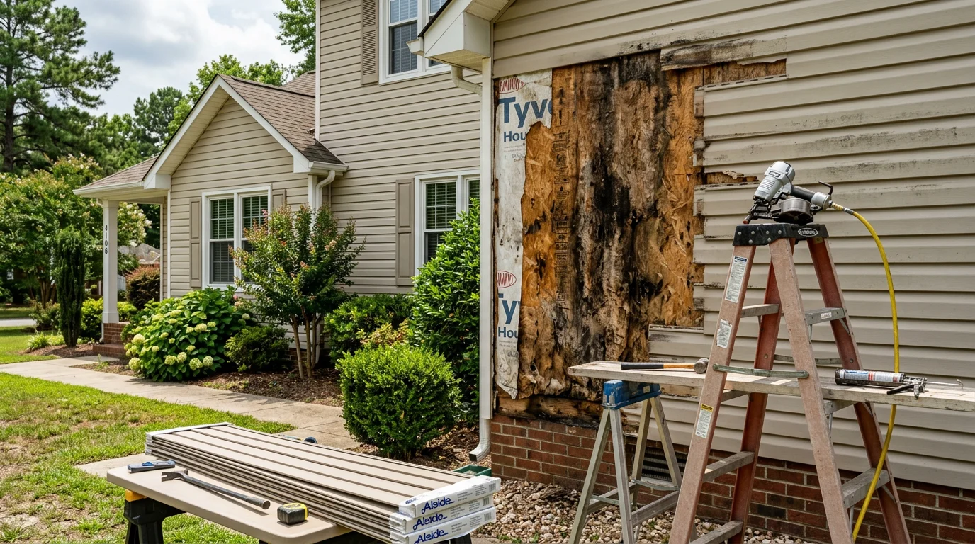 A Fayetteville home exterior showing repaired siding panels with tight seams and no visible gaps or warping. The repair blends with the surrounding wall surface on a residential property in Fayetteville, NC.