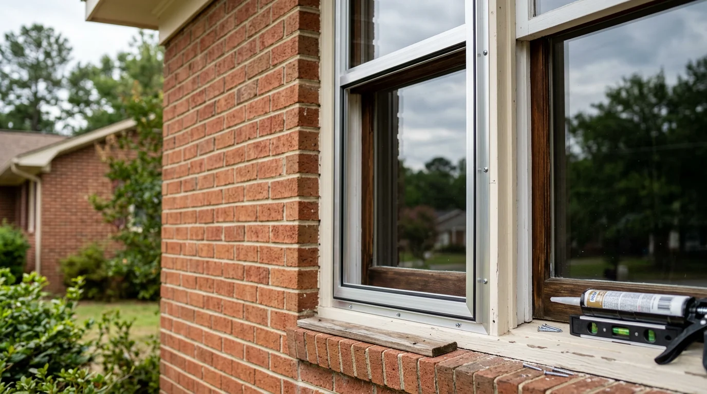 A Fayetteville home with newly installed exterior storm windows visible over the original window frames. The installation shows clean, flush-mounted units on a residential property in the Fayetteville, North Carolina area.