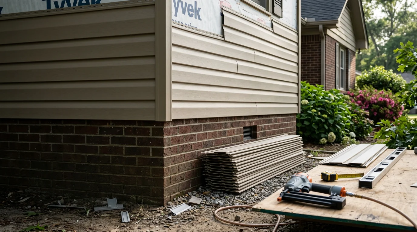 Freshly installed vinyl siding on a residential home in Fayetteville, North Carolina, showing clean panel alignment and finished corner trim. The exterior reflects a complete installation on a single-story home with a well-sealed facade ready for the local climate.