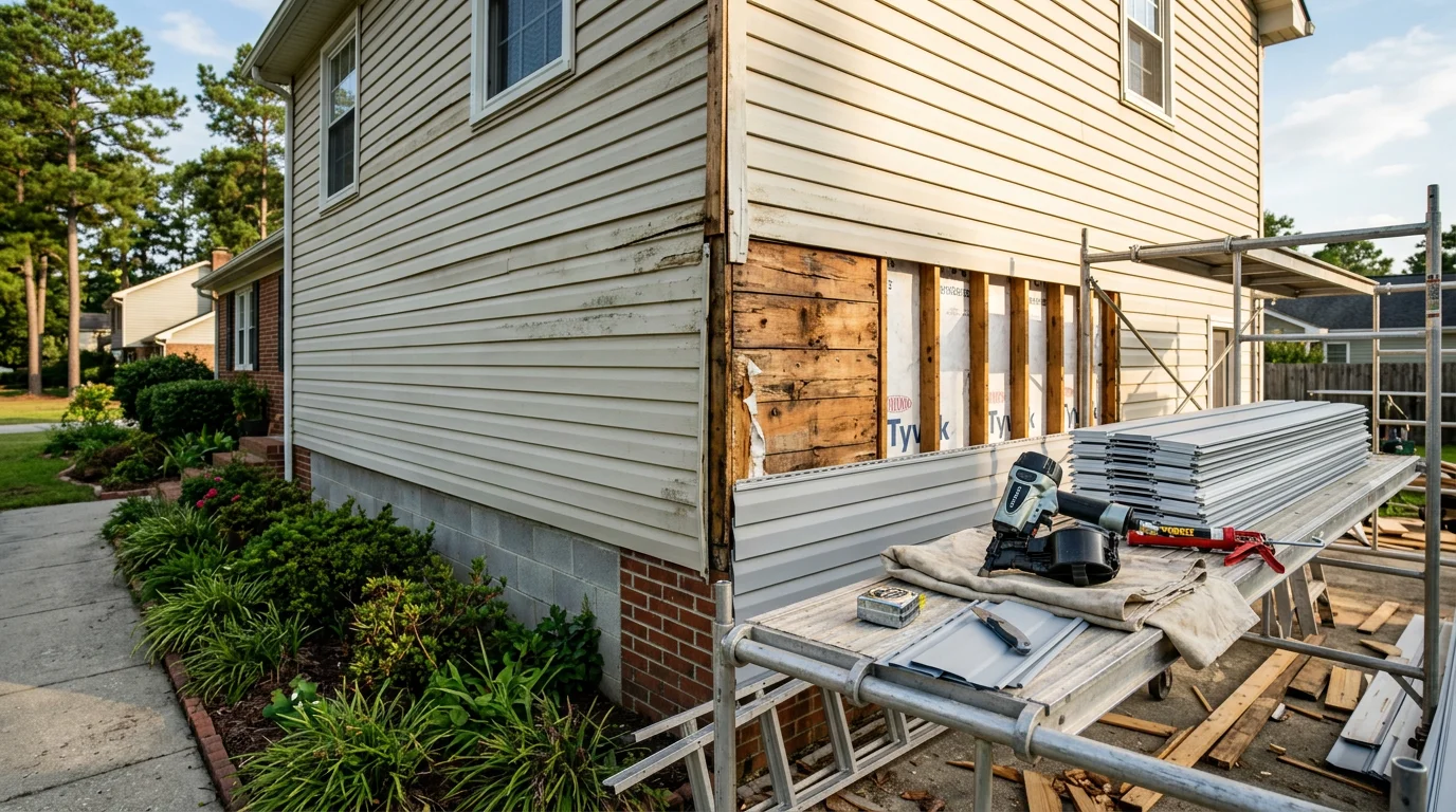 Freshly replaced vinyl siding on a single-family home in Fayetteville, NC, showing clean panel lines and sealed trim around windows. The exterior reflects a complete removal-and-replacement job suited to the area's humid climate and storm exposure.