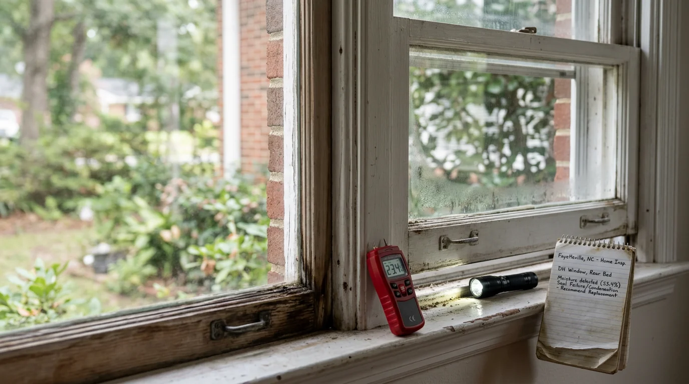 A window contractor from Fayetteville Roofing and Construction LLC inspecting the frame, seals, and glass panes of a residential window on a Fayetteville home. Close-up view showing hands checking weatherstripping and caulking along the exterior sill.