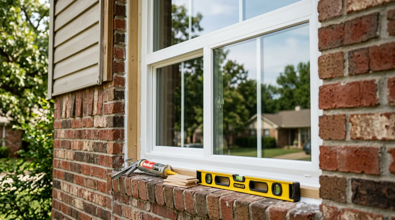 A newly installed window on a residential home in Fayetteville, NC, with clean trim lines and a tight seal against the exterior wall. The window sits level and flush, showing a finished installation on a single-story home.