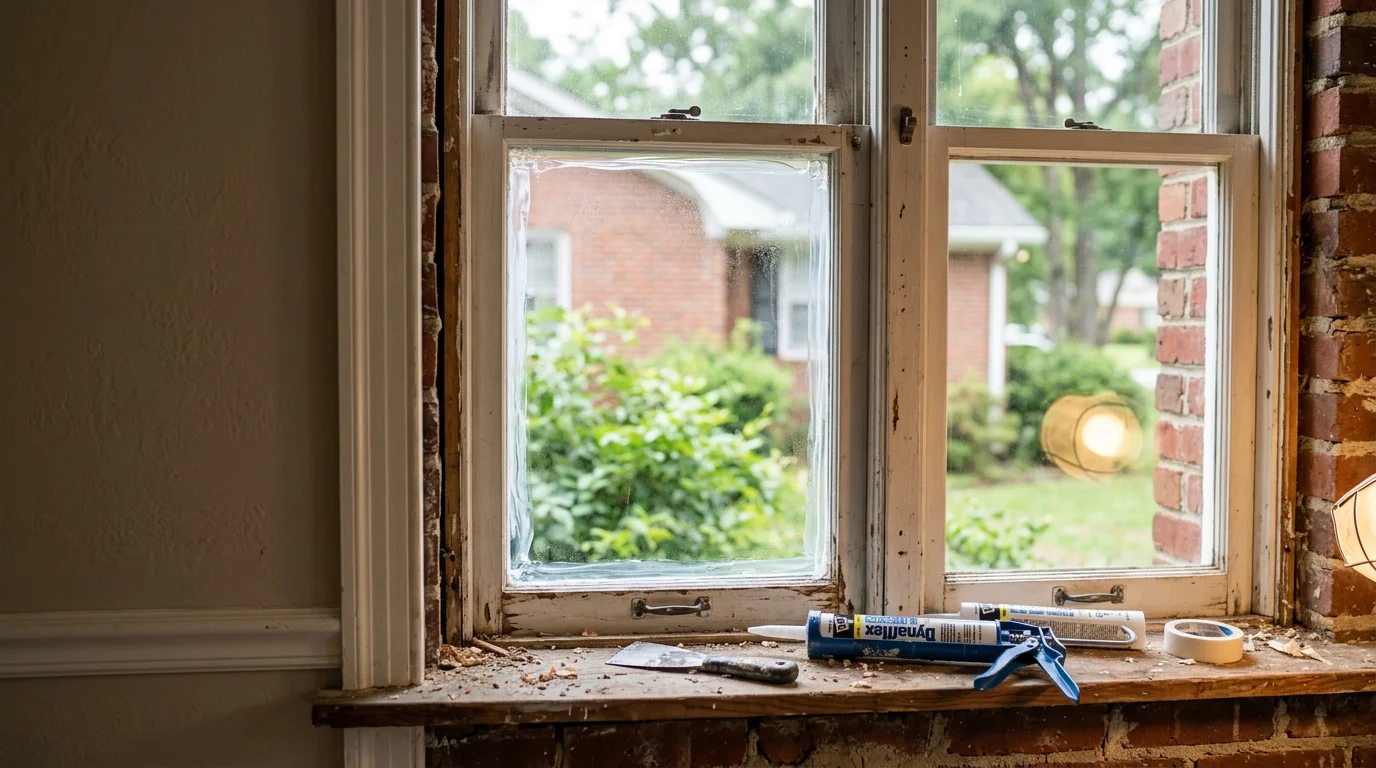 A window contractor repairing a damaged window frame on a residential home in Fayetteville, NC. The technician is inspecting the sash and seal on a single-story house with visible storm wear on the exterior trim.