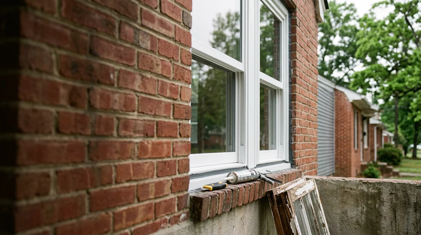 A freshly replaced window on a Fayetteville home exterior, showing a clean frame fit tight to the siding with no gaps. The interior view shows clear, unfogged glass with a properly sealed frame.